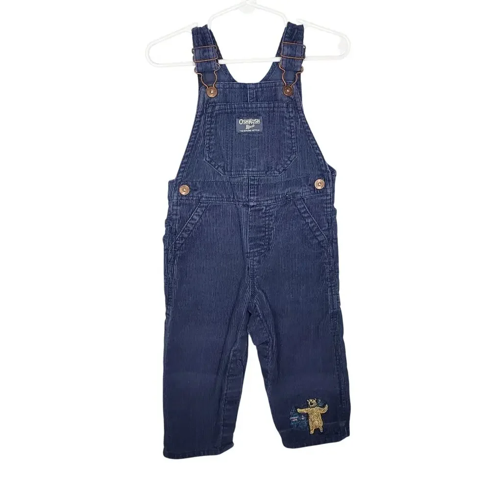 Oshkosh B'gosh Blue Corduroy Overalls Size 18 Months 100% Cotton Bear Embroidery